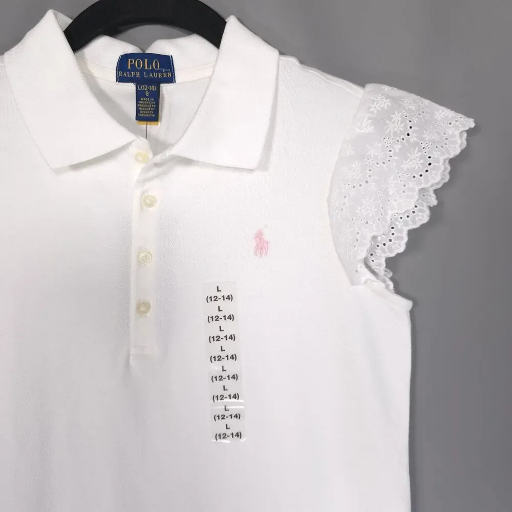 POLO RALPH LAUREN Kids Girls New Polo Shirt LARGE 12-14 White Flutter Sleeve‎
